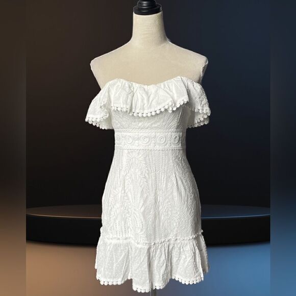Lena White Lace Ruffles Strapless Mini Dress w/Lace Up Back (Size: Small) - Picture 14 of 16